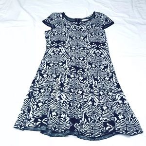 Elle Womens Sweater A-Line Dress Blue White Knit  Floral Jewel Neck Cap Sleeve L